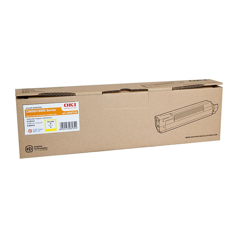 OKI C8600 HY Yellow Toner cartridge, designed for high-quality printing with a yield of 6,000 pages.